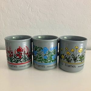 Set of three slate blue ceramic botanical coffee mugs made in the UK